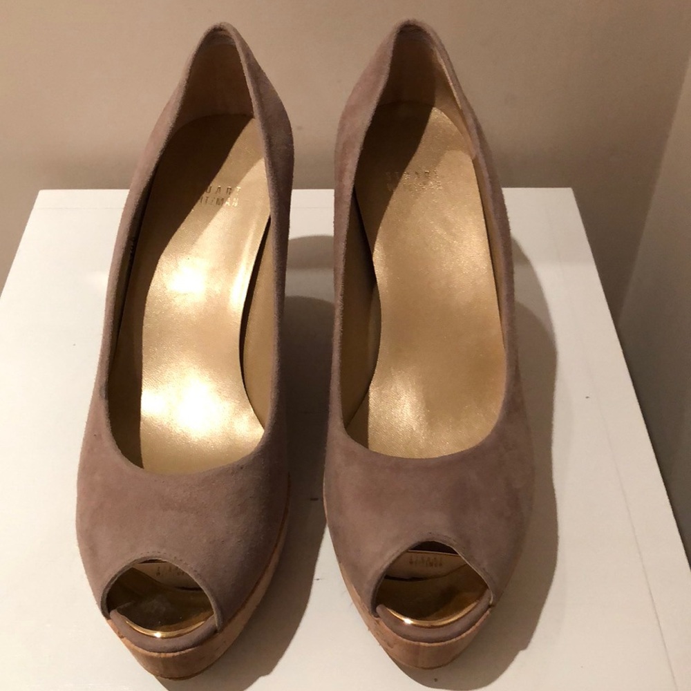 Stuart Weitzman Tan Suede Open Toe Platforms